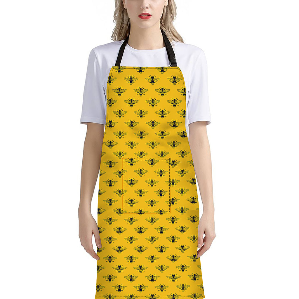 Yellow Bee Pattern Print Bib Apron With Pocket