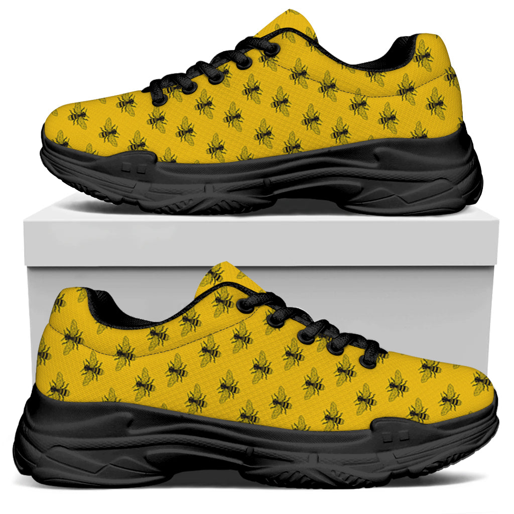 Yellow Bee Pattern Print Black Chunky Shoes