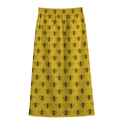 Yellow Bee Pattern Print Cotton Front Slit Maxi Skirt