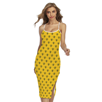 Yellow Bee Pattern Print Cross Back Cami Dress
