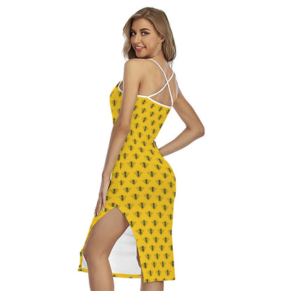 Yellow Bee Pattern Print Cross Back Cami Dress