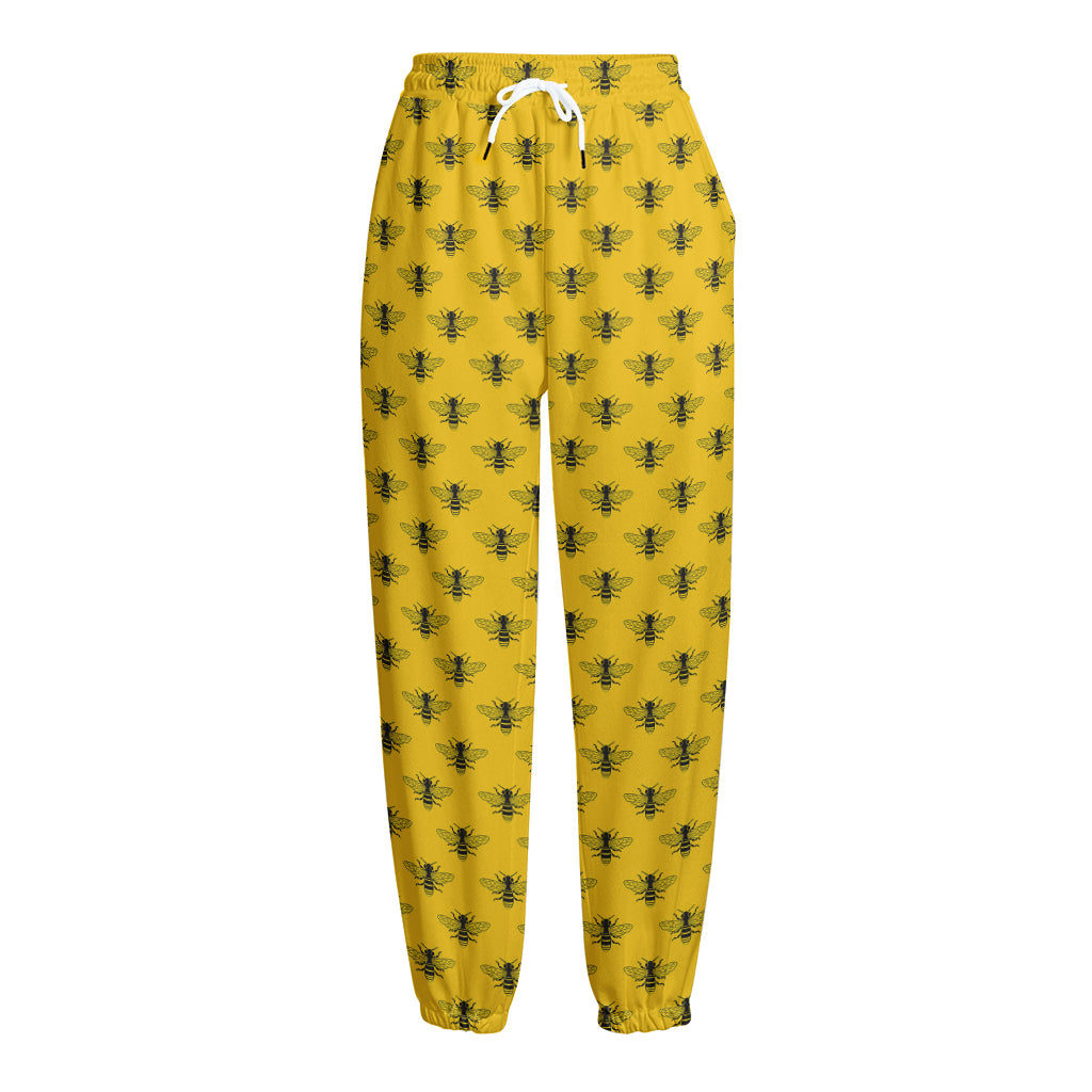 Yellow Bee Pattern Print Fleece Lined Knit Pants