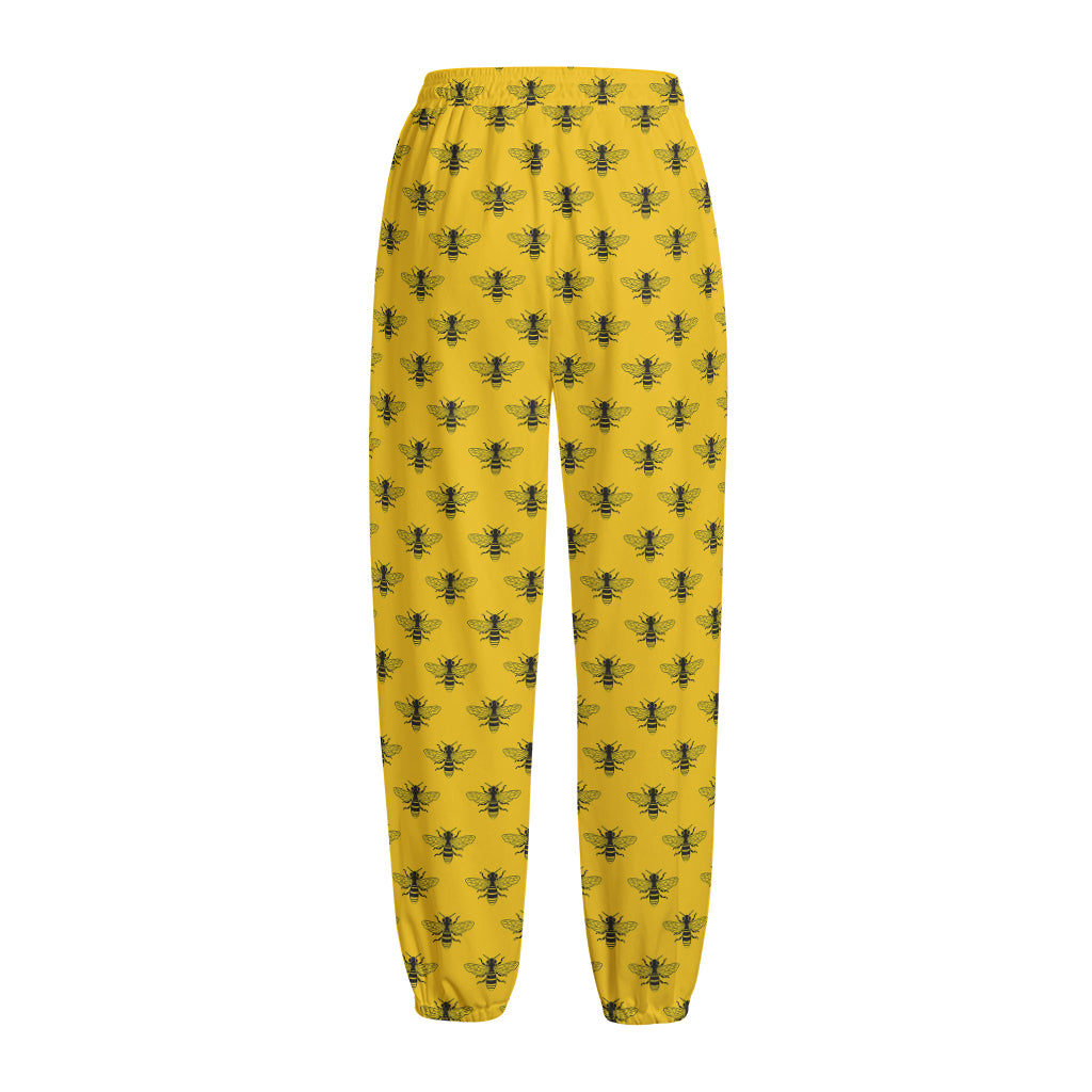 Yellow Bee Pattern Print Fleece Lined Knit Pants