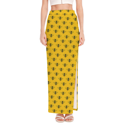 Yellow Bee Pattern Print High Slit Maxi Skirt