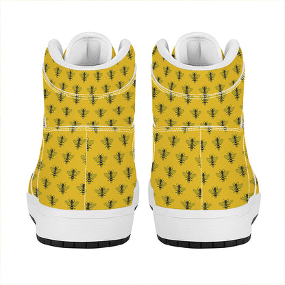Yellow Bee Pattern Print High Top Leather Sneakers