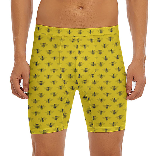 Yellow Bee Pattern Print Men's Long Boxer Briefs