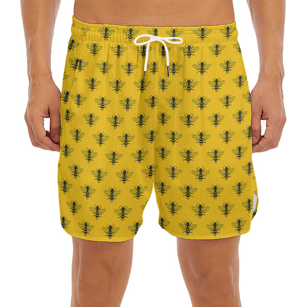 Yellow Bee Pattern Print Men's Split Running Shorts