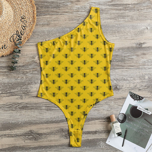 Yellow Bee Pattern Print One Shoulder Bodysuit