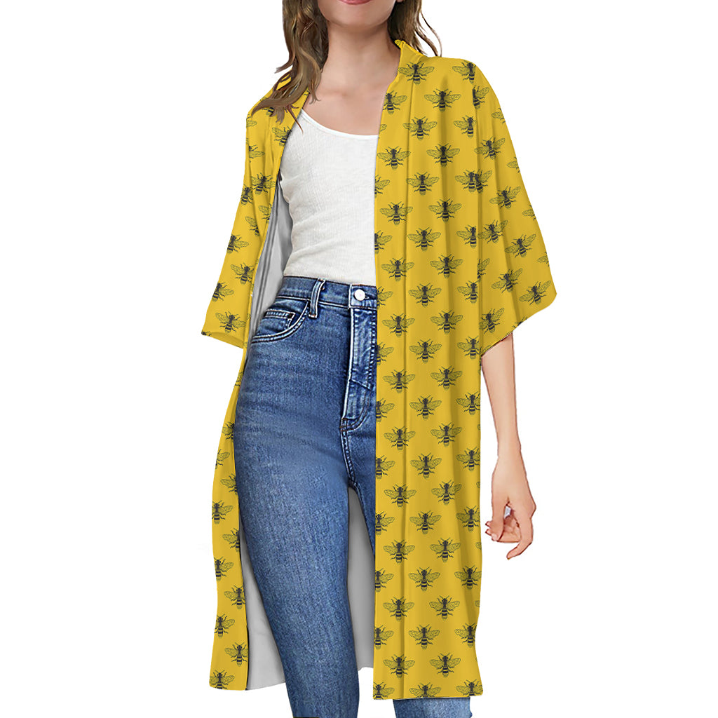 Yellow Bee Pattern Print Open Front Beach Cover Up