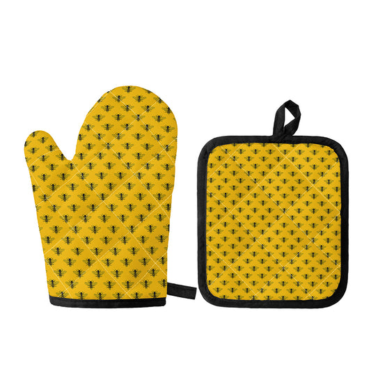 Yellow Bee Pattern Print Oven Mitt And Pot Holder Set