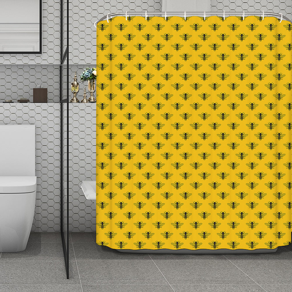 Yellow Bee Pattern Print Polyester Shower Curtain