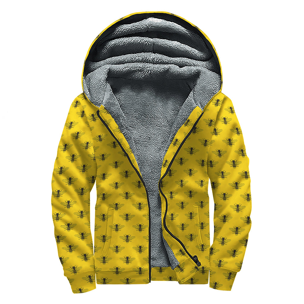 Yellow Bee Pattern Print Sherpa Lined Zip Up Hoodie