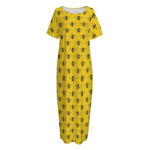 Yellow Bee Pattern Print Short Sleeve Long Nightdress