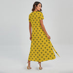 Yellow Bee Pattern Print Short Sleeve Maxi Dress
