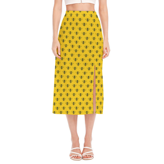 Yellow Bee Pattern Print Side Slit Midi Skirt