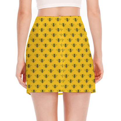 Yellow Bee Pattern Print Side Slit Mini Skirt
