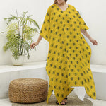 Yellow Bee Pattern Print Silk V-Neck Kaftan Dress