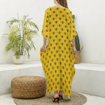 Yellow Bee Pattern Print Silk V-Neck Kaftan Dress