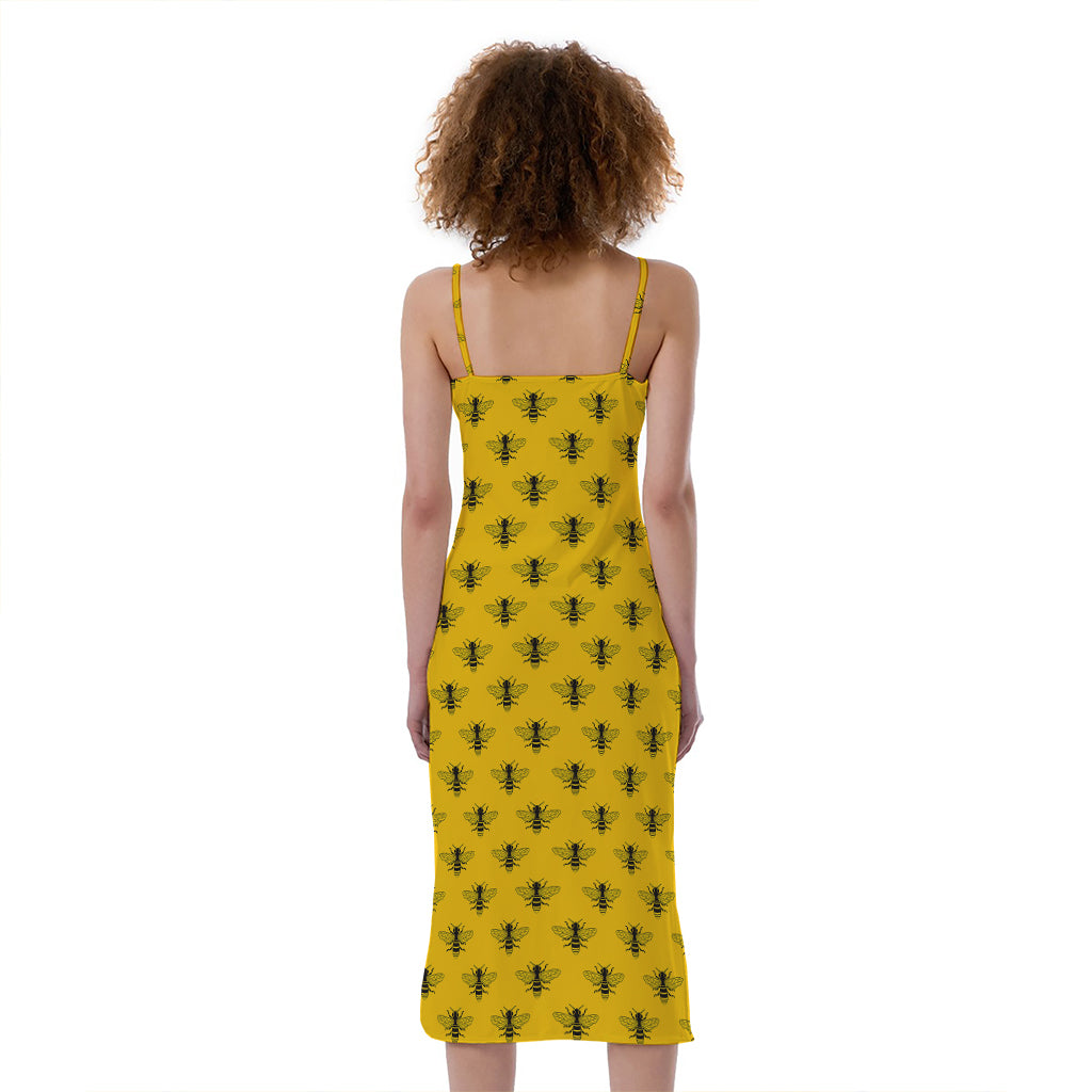 Yellow Bee Pattern Print Slim Fit Midi Cami Dress