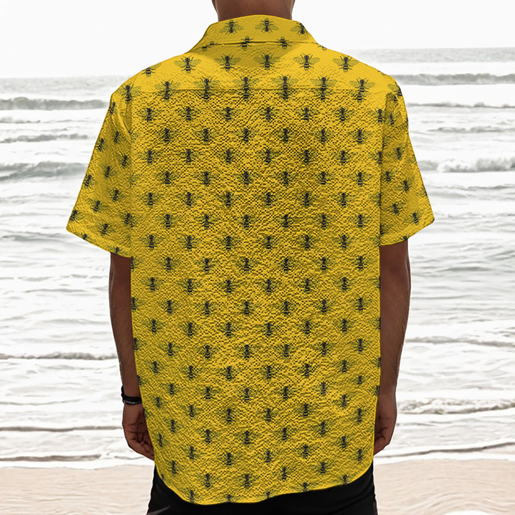 Yellow Bee Pattern Print Textured Short Sleeve Shirt