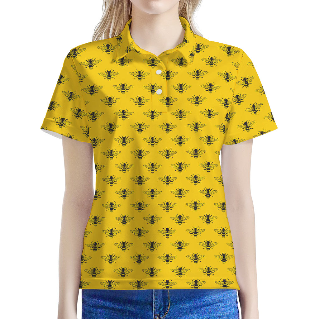 Yellow Bee Pattern Print Women's Polo Shirt