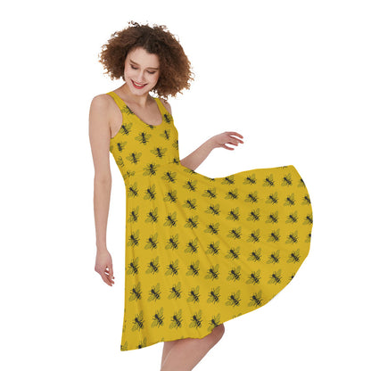 Yellow Bee Pattern Print Women's Sleeveless Dress