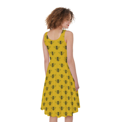 Yellow Bee Pattern Print Women's Sleeveless Dress