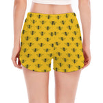 Yellow Bee Pattern Print Women's Split Running Shorts