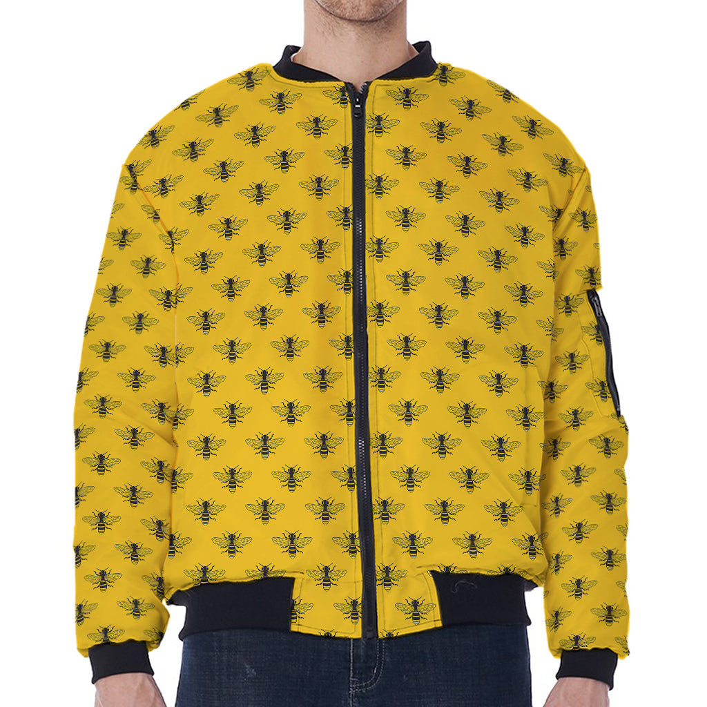 Yellow Bee Pattern Print Zip Sleeve Bomber Jacket