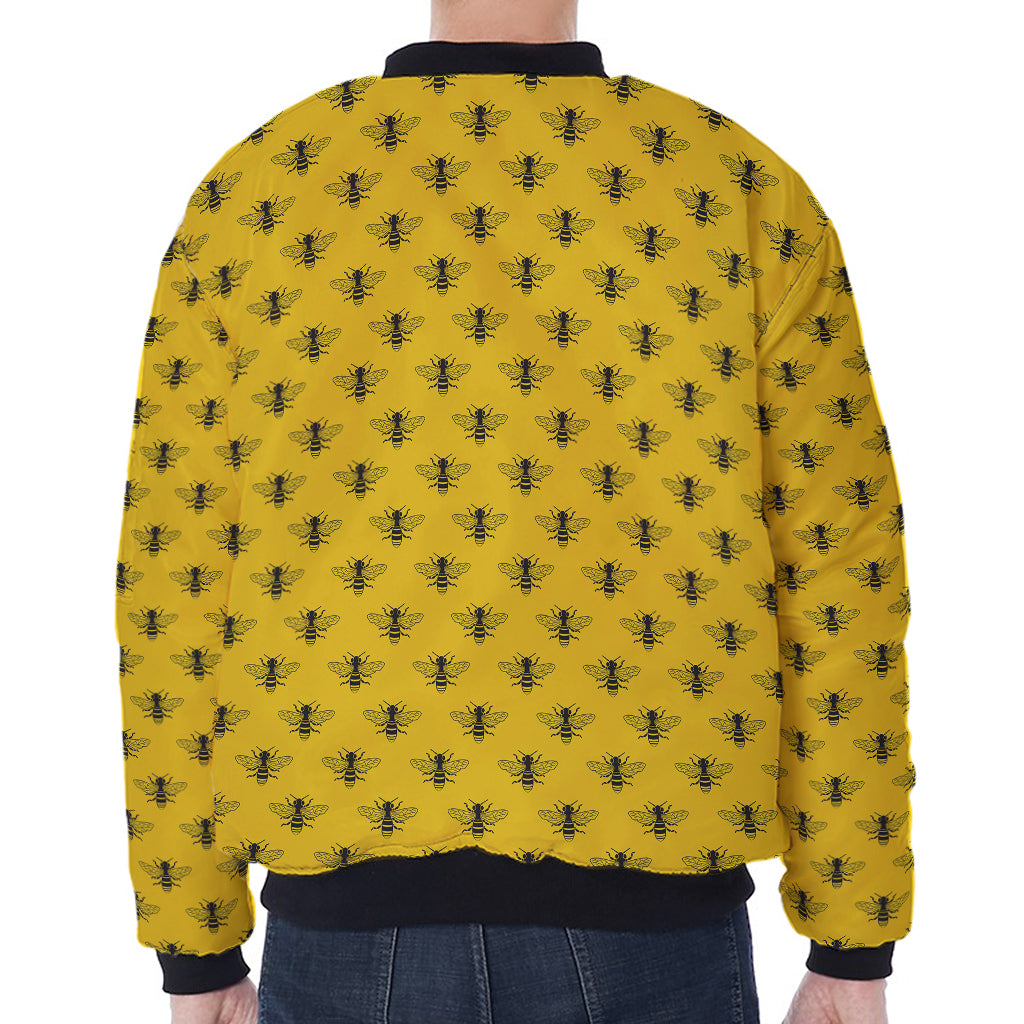 Yellow Bee Pattern Print Zip Sleeve Bomber Jacket