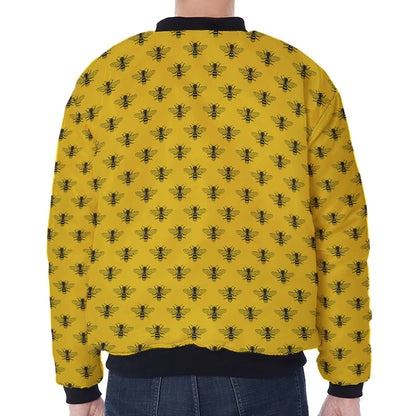Yellow Bee Pattern Print Zip Sleeve Bomber Jacket