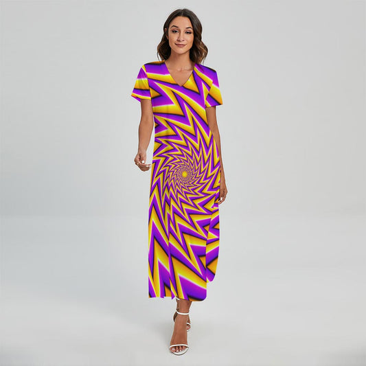 Yellow Big Bang Moving Optical Illusion Short Sleeve Maxi Dress
