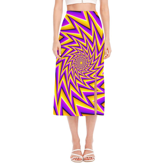 Yellow Big Bang Moving Optical Illusion Side Slit Midi Skirt