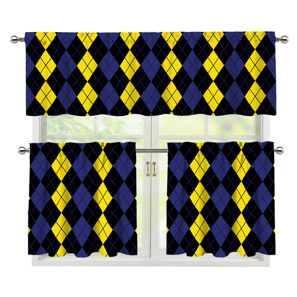Yellow Black And Blue Argyle Print 3 Piece Kitchen Curtains