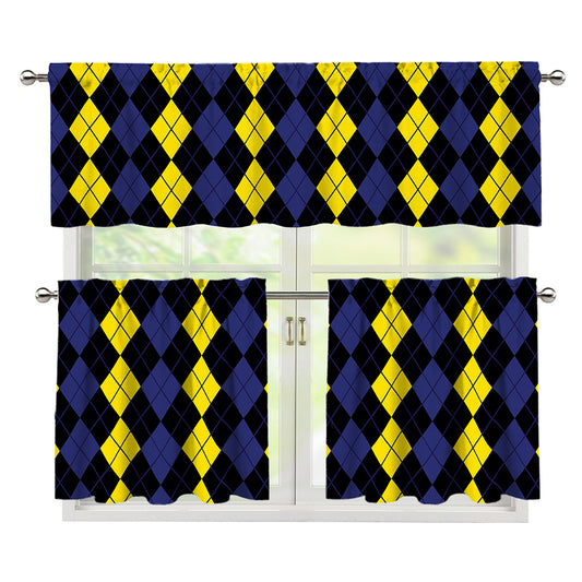 Yellow Black And Blue Argyle Print 3 Piece Kitchen Curtains