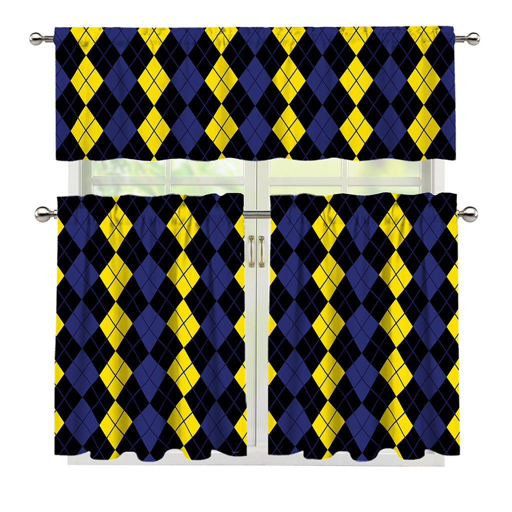 Yellow Black And Blue Argyle Print 3 Piece Kitchen Curtains