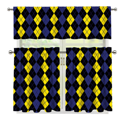 Yellow Black And Blue Argyle Print 3 Piece Kitchen Curtains