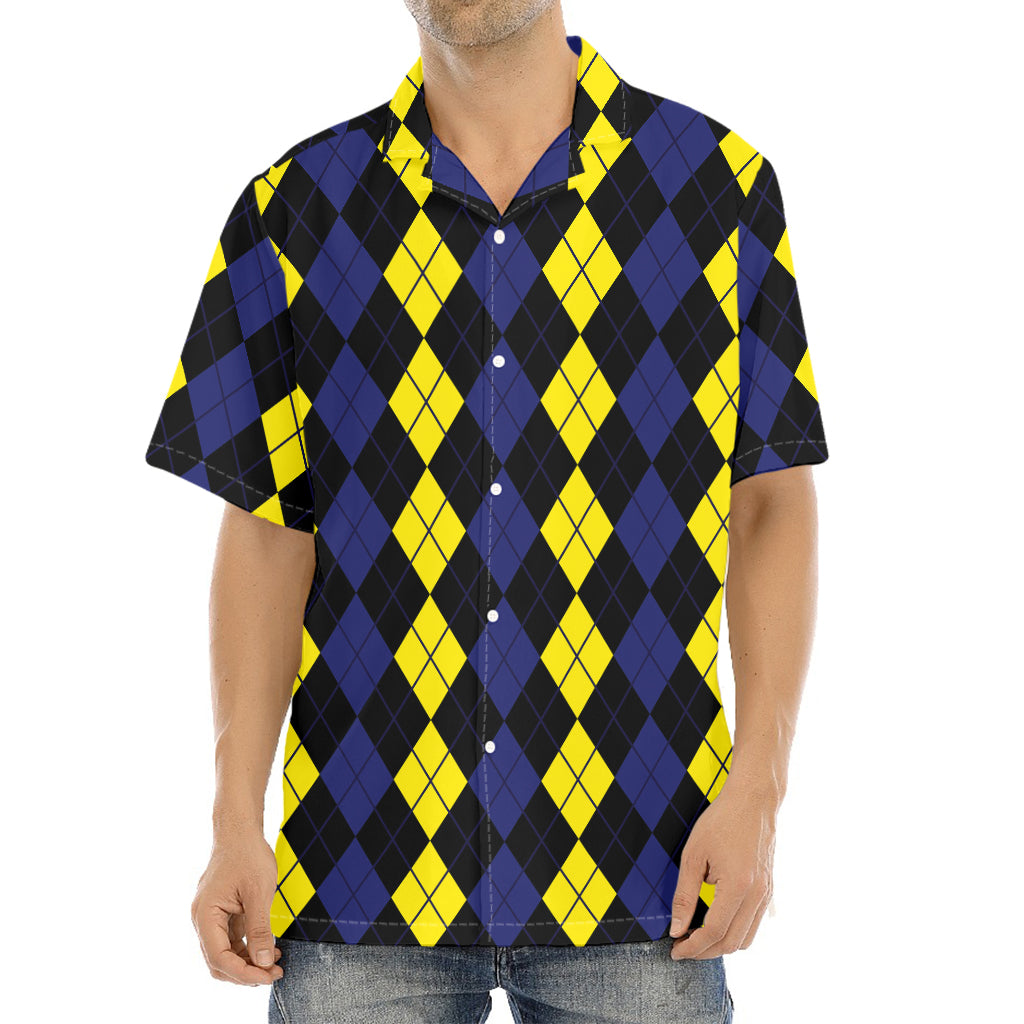 Yellow Black And Blue Argyle Print Aloha Shirt