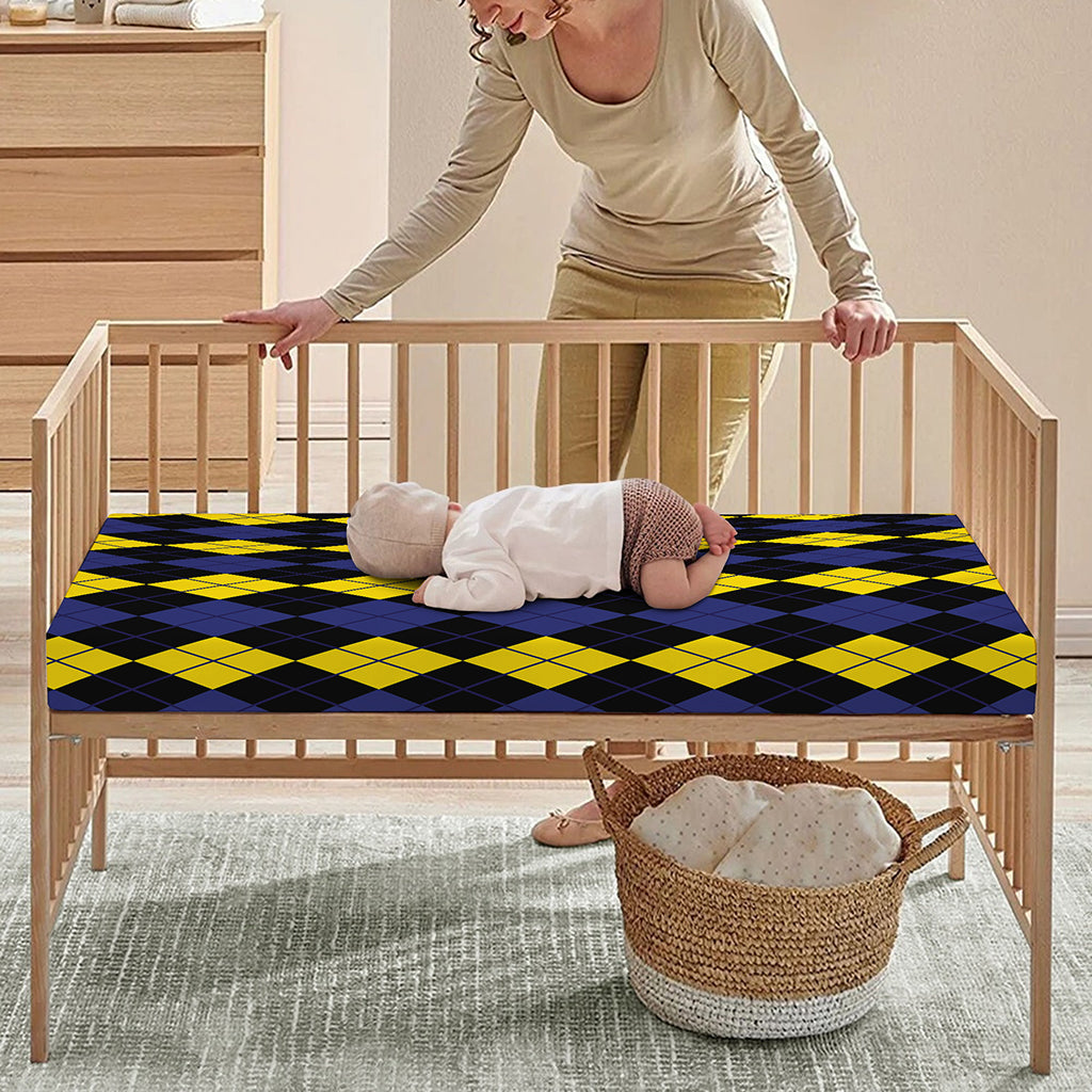 Yellow Black And Blue Argyle Print Baby Crib Sheet