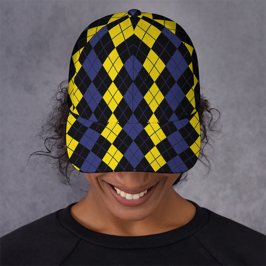 Yellow Black And Blue Argyle Print Baseball Cap