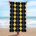 Yellow Black And Blue Argyle Print Beach Towel