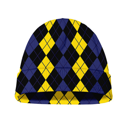 Yellow Black And Blue Argyle Print Beanie
