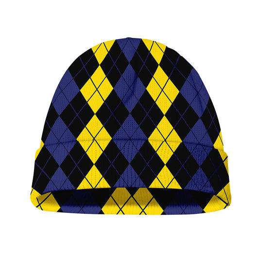 Yellow Black And Blue Argyle Print Beanie