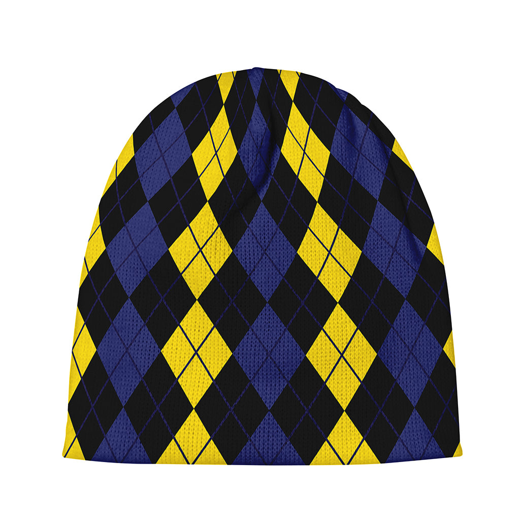 Yellow Black And Blue Argyle Print Beanie