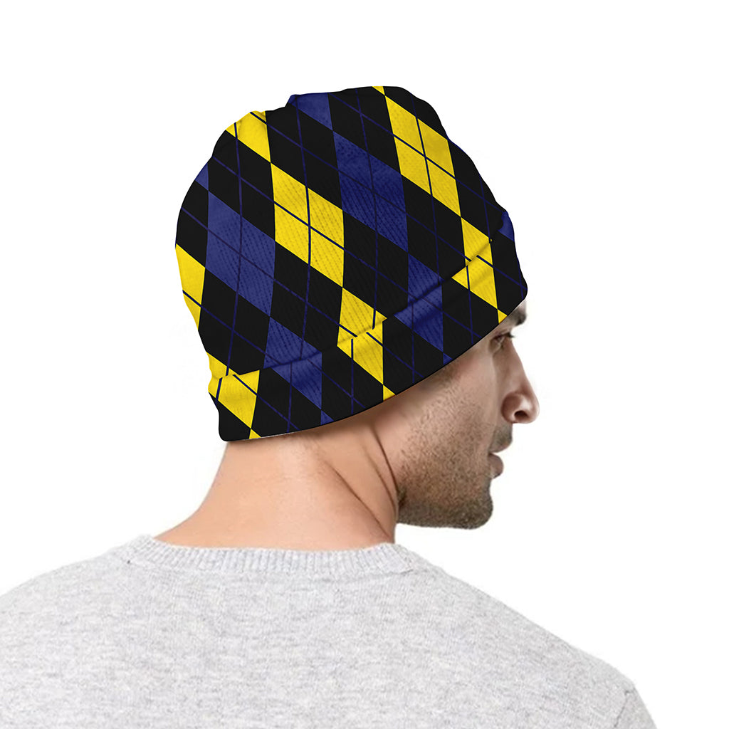 Yellow Black And Blue Argyle Print Beanie