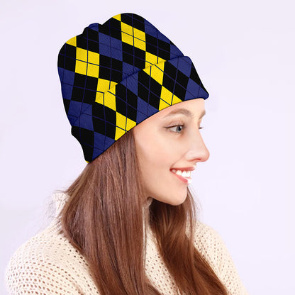 Yellow Black And Blue Argyle Print Beanie