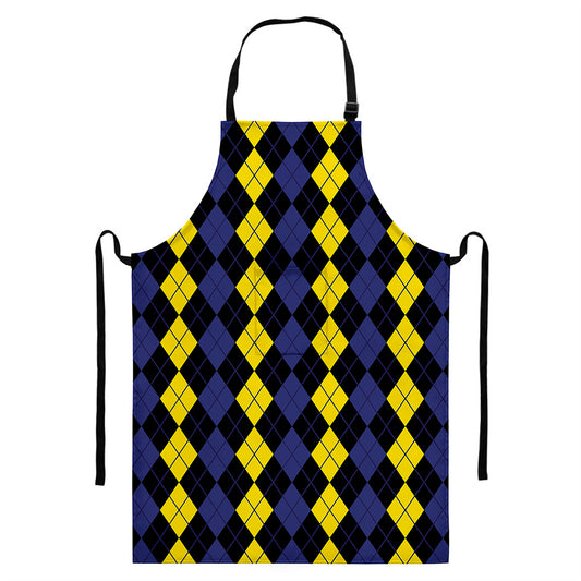 Yellow Black And Blue Argyle Print Bib Apron With Pocket