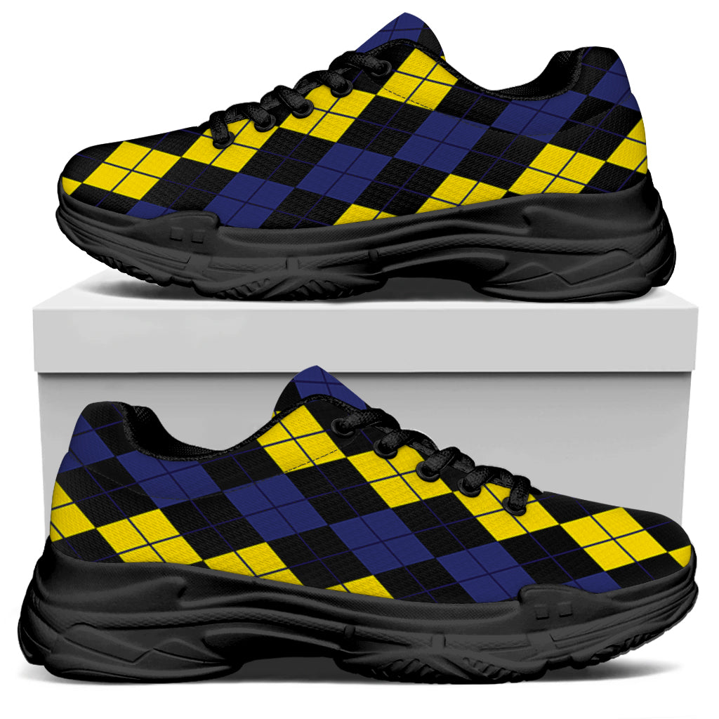 Yellow Black And Blue Argyle Print Black Chunky Shoes
