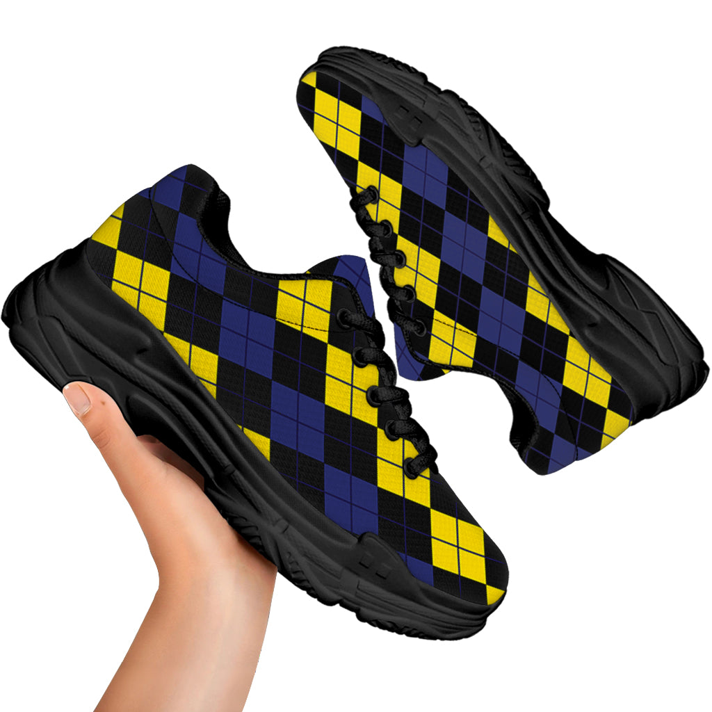 Yellow Black And Blue Argyle Print Black Chunky Shoes