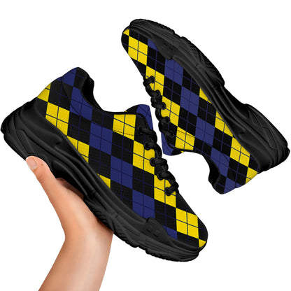 Yellow Black And Blue Argyle Print Black Chunky Shoes